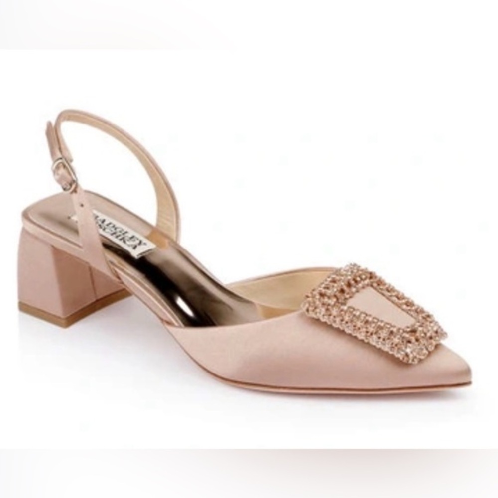 Badgley Mischka blush pink satin slingback heels with crystal buckle